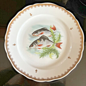 Hand Painted Fish Pattern Porcelain Dinner Plate Made In France Gold Gilt Rim